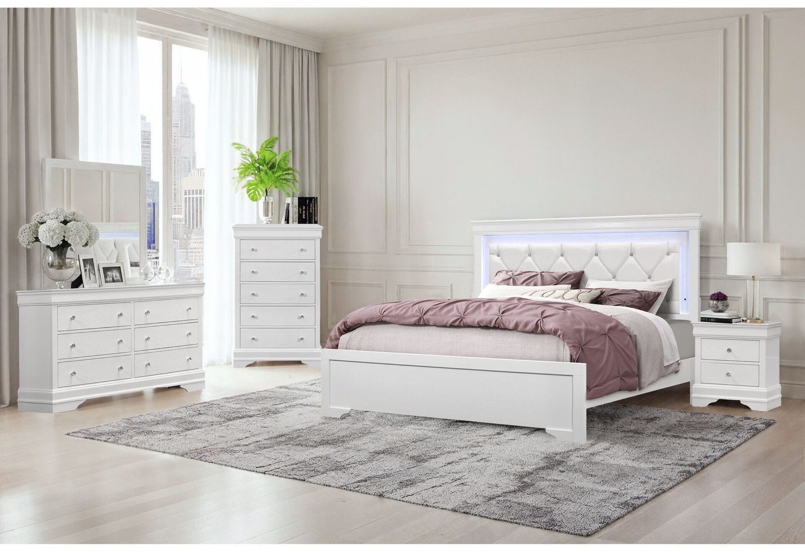 POMPEI METALLIC WHITE KING BED GROUP WITH LED