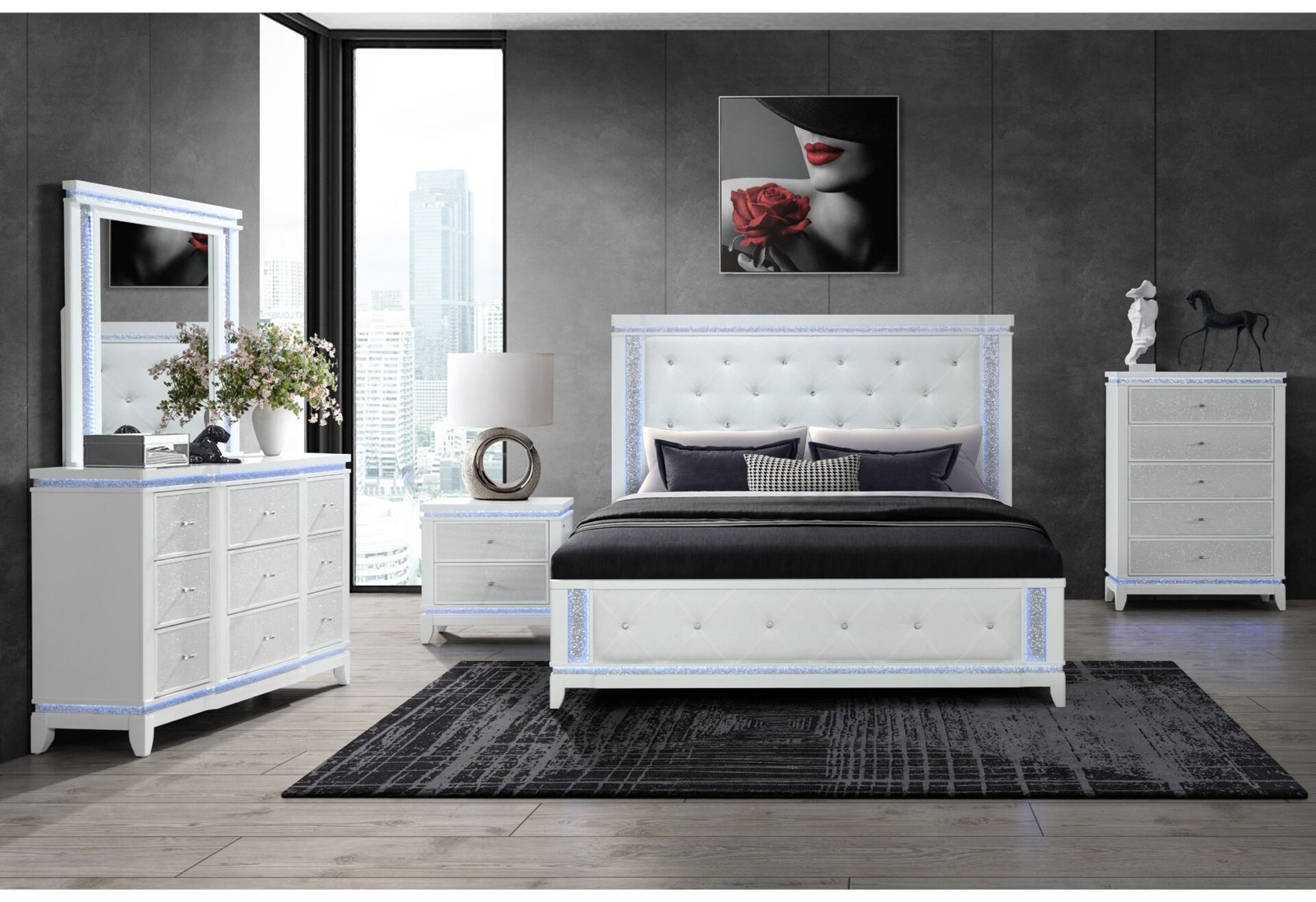 ALINA WHITE KING BED GROUP WITH LED, COOLER, SPEAKER AND USB