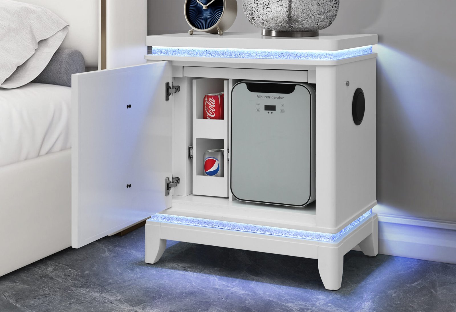 ALINA WHITE NIGHTSTAND WITH COOLER, LED, SPEAKER AND USB