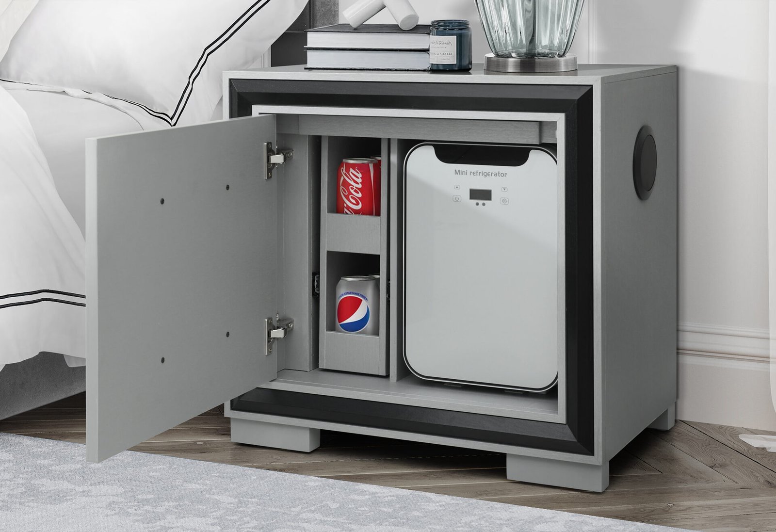 AMELIA GREY/BLACK NIGHTSTAND WITH COOLER AND SPEAKER