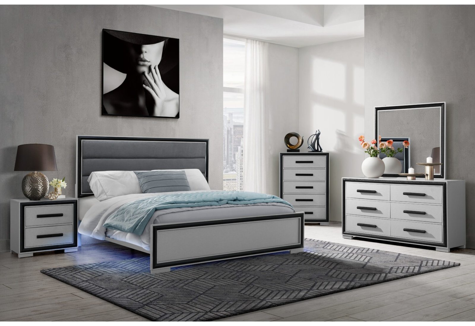 AMELIA GREY BLACK FULL BED GROUP W/LED