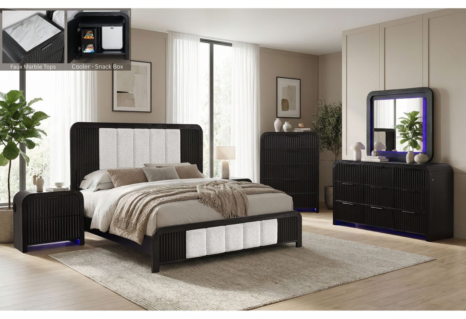 BECKETT WHITE/BLACK QUEEN BED GROUP WITH COOLER & SPEAKER