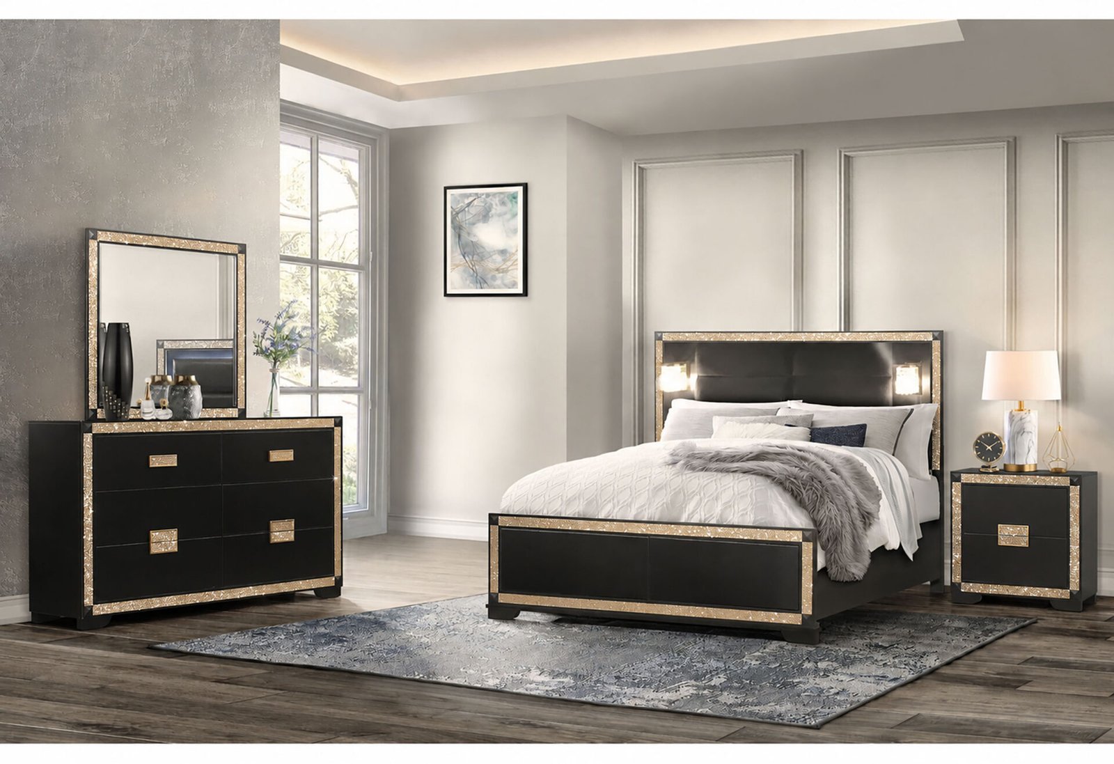BLAKE BLACK/GOLD KING BED WITH LAMPS, DRESSER, MIRROR, NIGHTSTAND