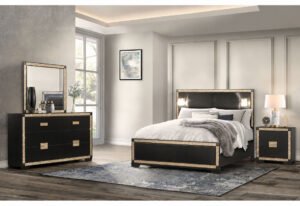 BLAKE BLACK/GOLD FULL BED WITH LAMPS, DRESSER, MIRROR, NIGHTSTAND