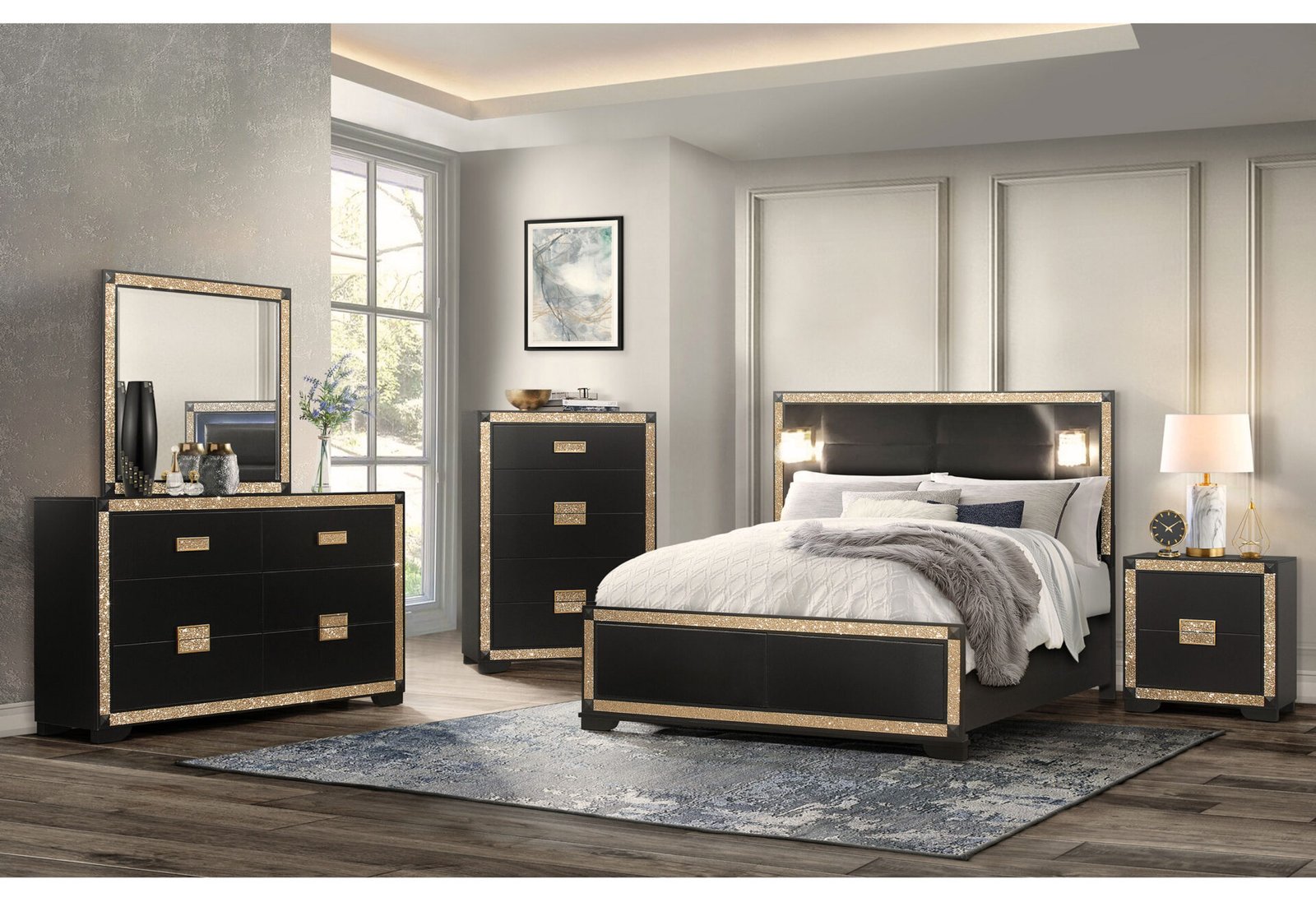 BLAKE BLACK/GOLD QUEEN BED GROUP WITH LAMPS