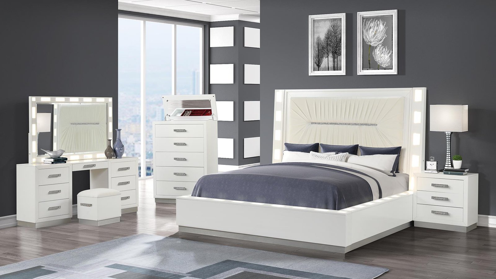 COCO QUEEN 5 PC VANITY BEDROOM SET IN MILKY WHITE