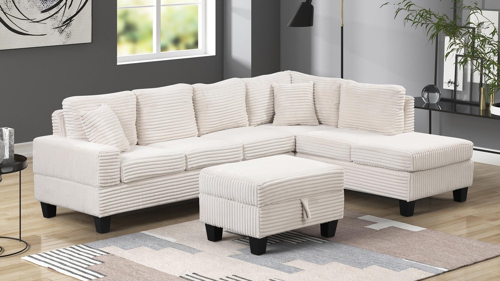 COZY SECTIONAL SOFA WITH OTTOMAN CREAM