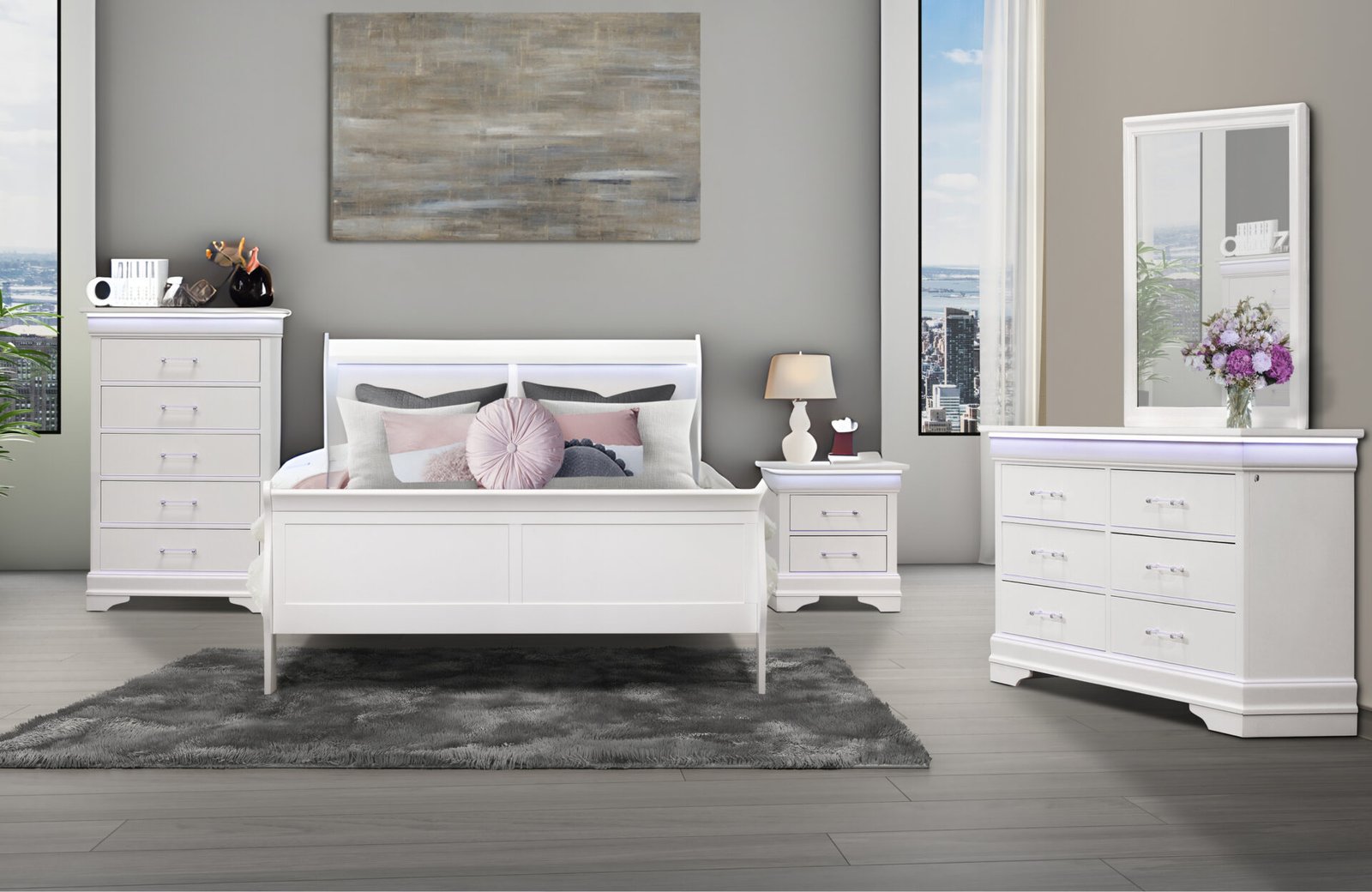CHARLIE WHITE FULL BED GROUP WITH LED