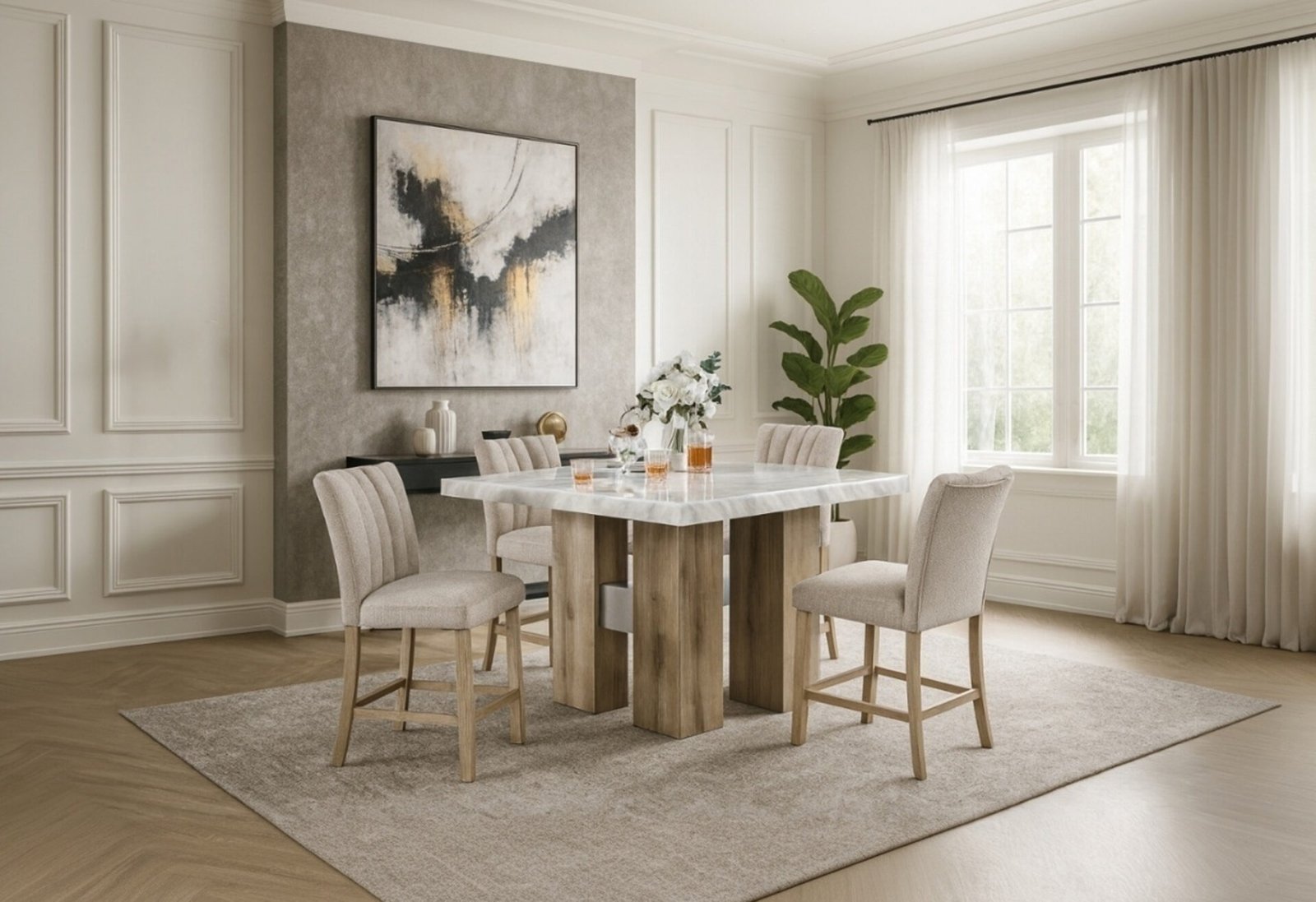 D04 NATURAL BAR TABLE + 6 D8685 BEIGE/NAT BAR STOOL