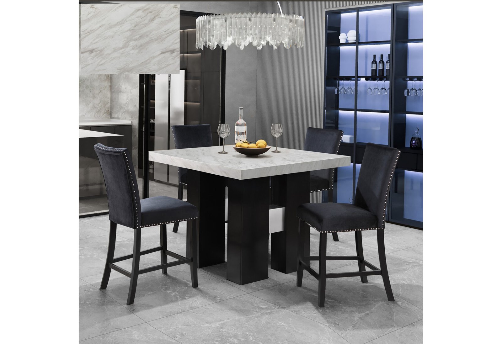 D04 WHITE BAR TABLE AND 6 D04 BLACK BAR STOOL