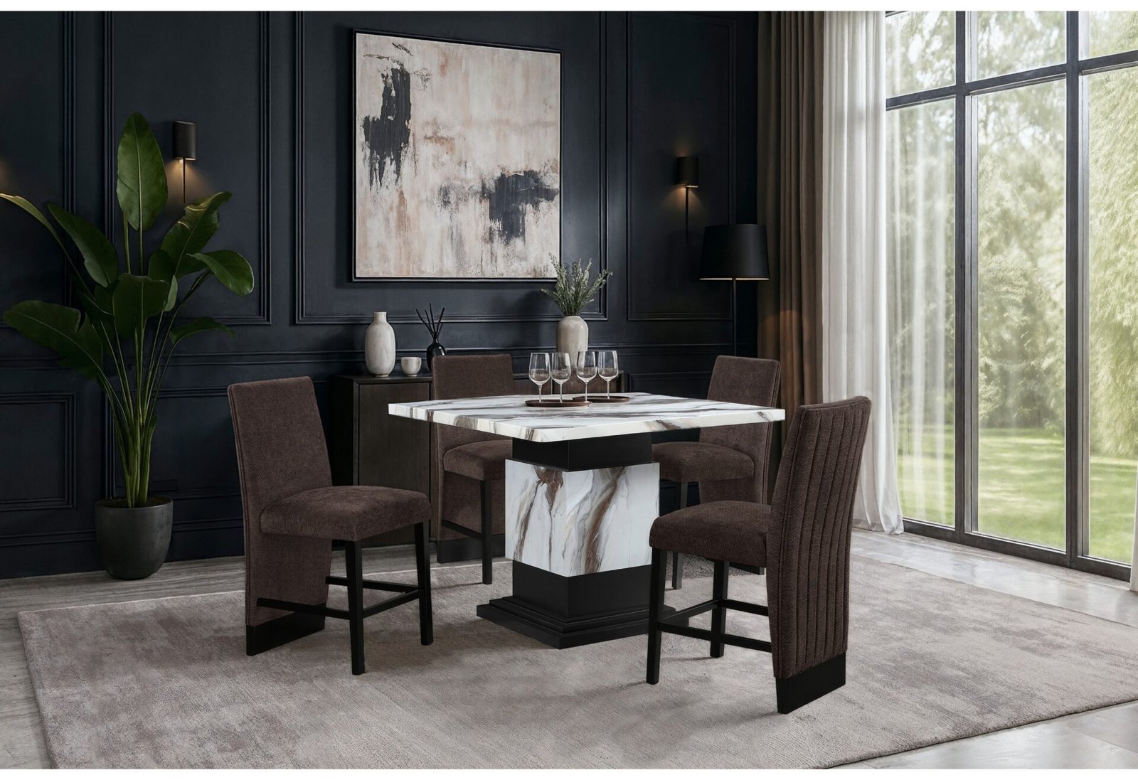 D12 BAR TABLE AND 4 D12 BROWN BAR STOOLS
