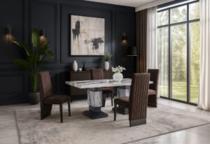 D12 DINING TABLE AND 8 D12 BROWN DINING CHAIRS