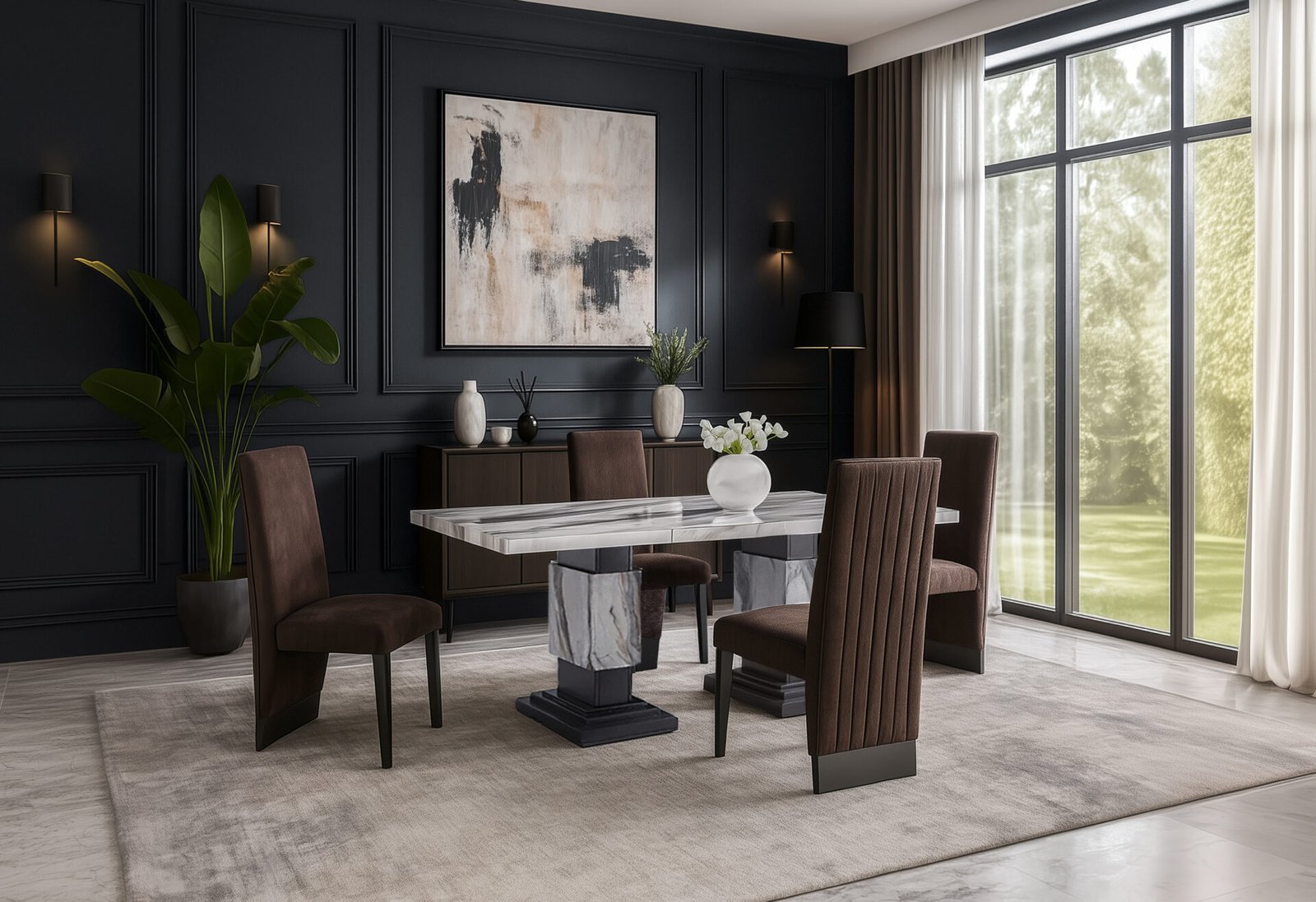 D12 DINING TABLE AND 8 D12 BROWN DINING CHAIRS