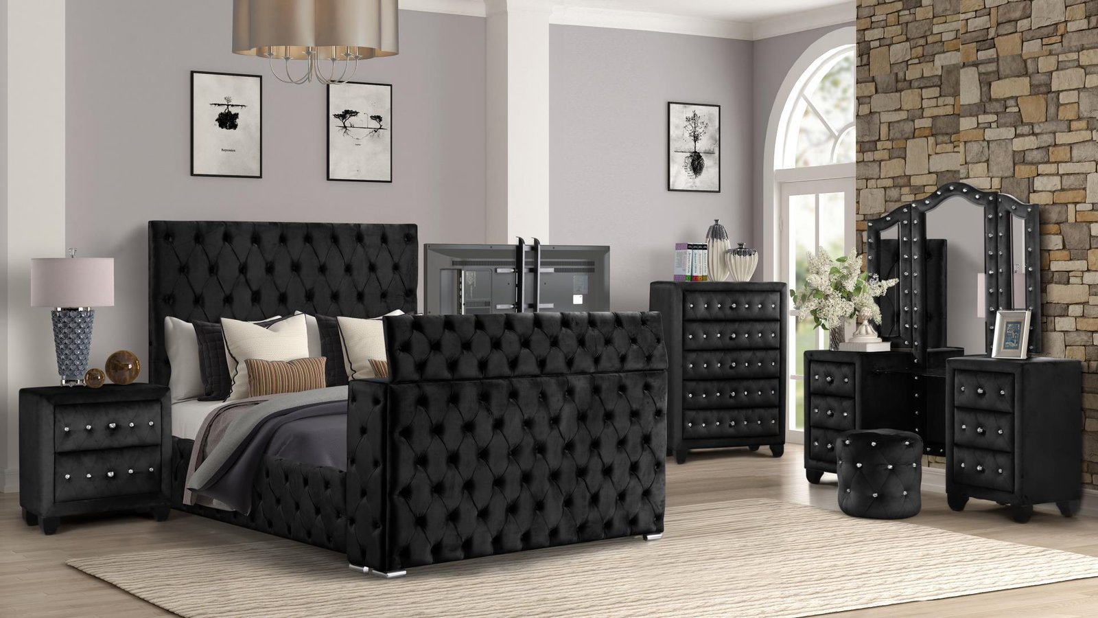 ENCORE QUEEN 4PC VANITY BEDROOM SET IN BLACK - Image 4