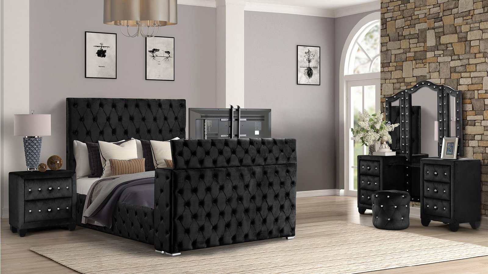 ENCORE QUEEN 4PC VANITY BEDROOM SET IN BLACK