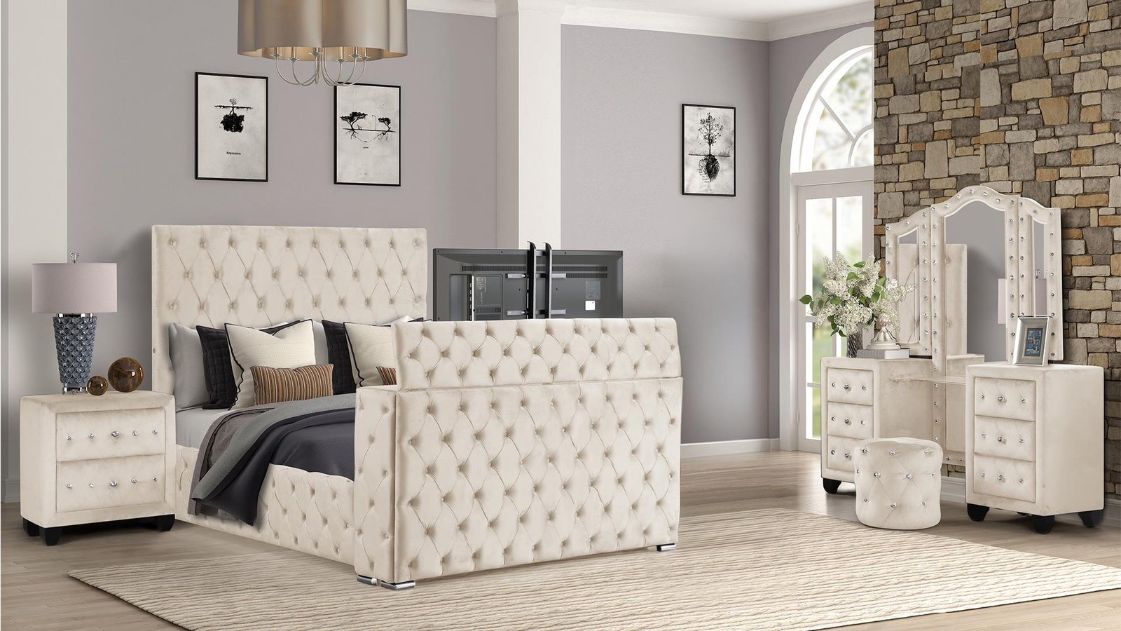ENCORE KING 4PC VANITY BEDROOM SET IN BEIGE