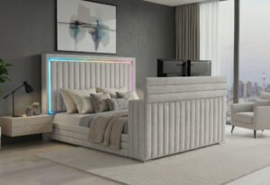 ELIAS GREY KING BED WITH IMMERSIVE SOUND SPEAKER, LED, TV LIFT & FP
