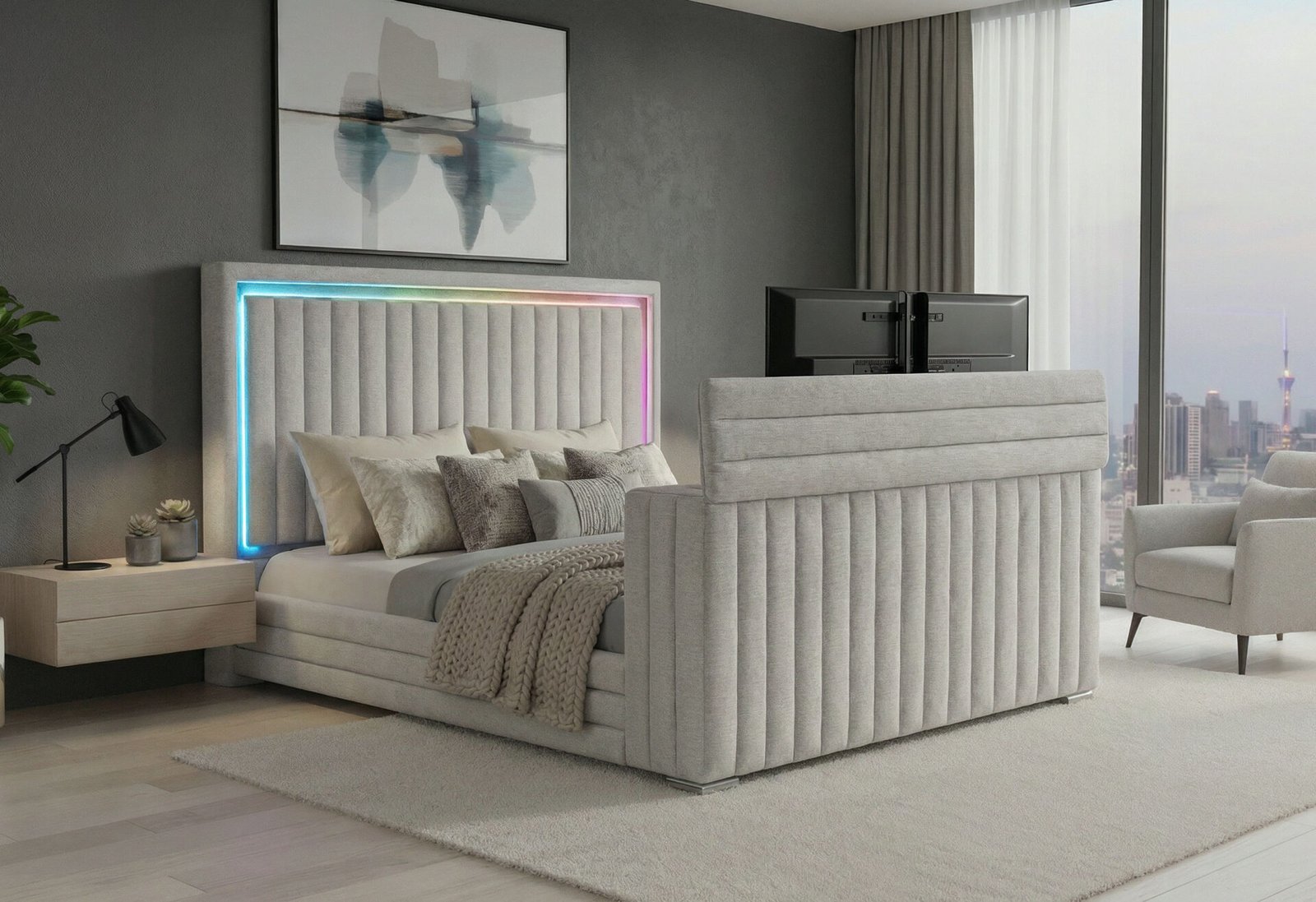ELIAS GREY KING BED WITH IMMERSIVE SOUND SPEAKER, LED, TV LIFT & FP