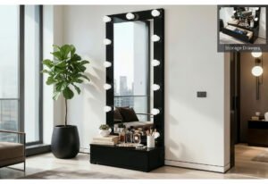 ELLA BLACK NARROW TALL MIRROR WITH DRAWER AND SPEAKER