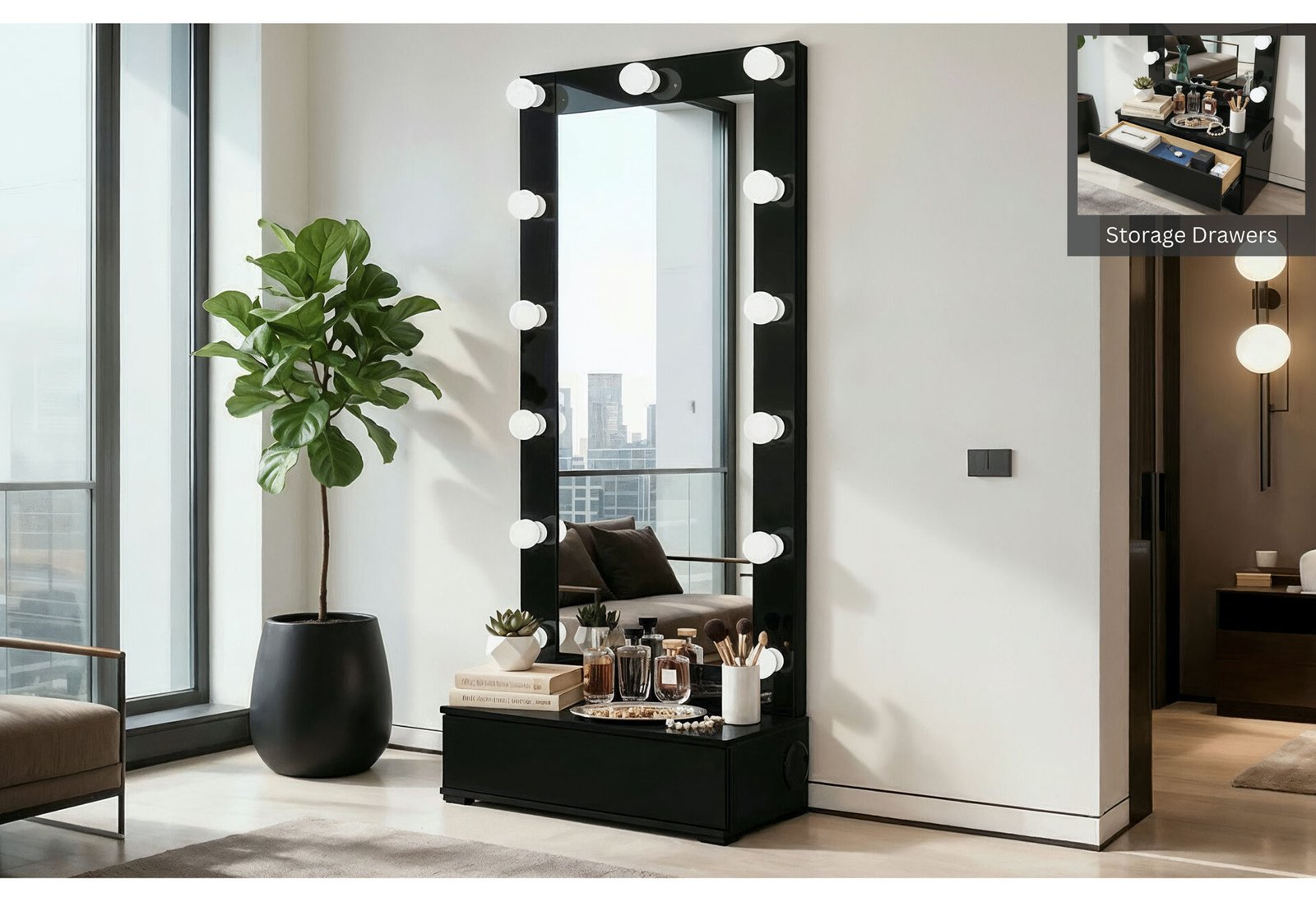ELLA BLACK NARROW TALL MIRROR WITH DRAWER AND SPEAKER