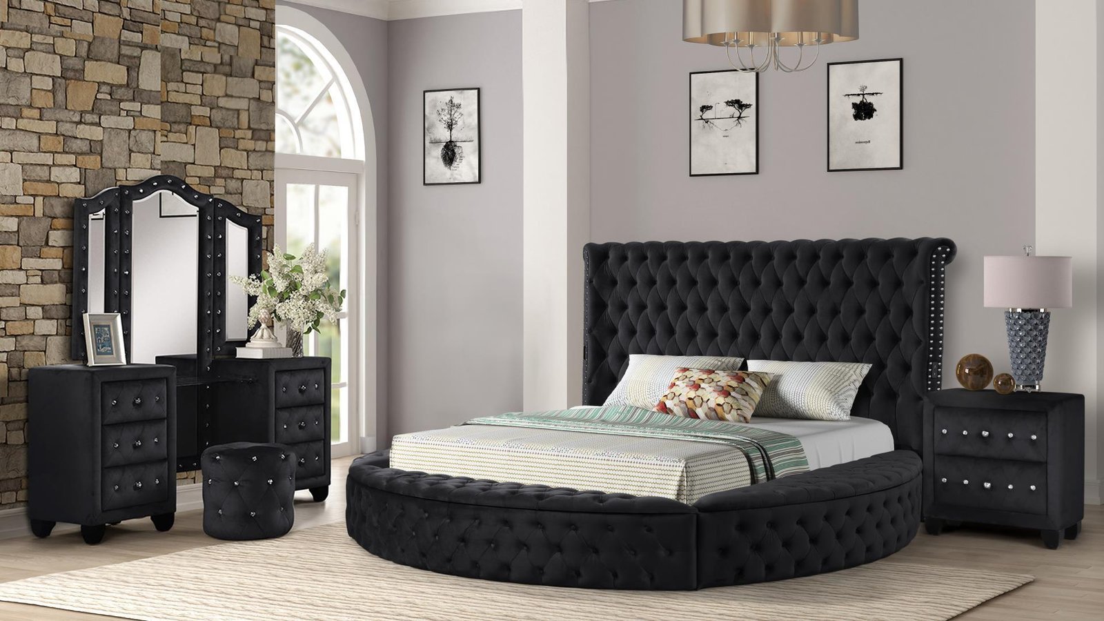 HAZEL QUEEN 4 PC VANITY BEDROOM SET IN BLACK