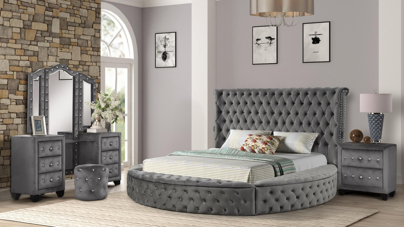 HAZEL QUEEN 4 PC VANITY BEDROOM SET IN GRAY