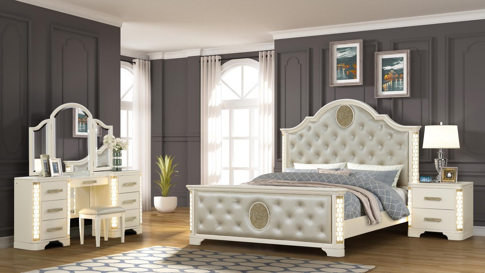 JASMINE QUEEN 4 PC VANITY BEDROOM SET IN BEIGE