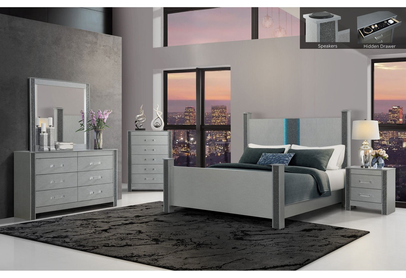 LOGAN SILVER FULL BED GROUP W/ LED AND SPEAKERS