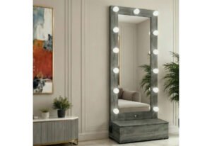 LEXI GREY TALL MIRROR WITH DRAWER AND SPEAKERS