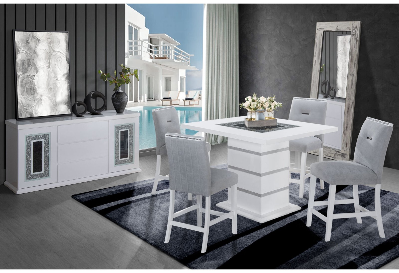MONACO WHITE BAR TABLE + 8 MONACO BS-N