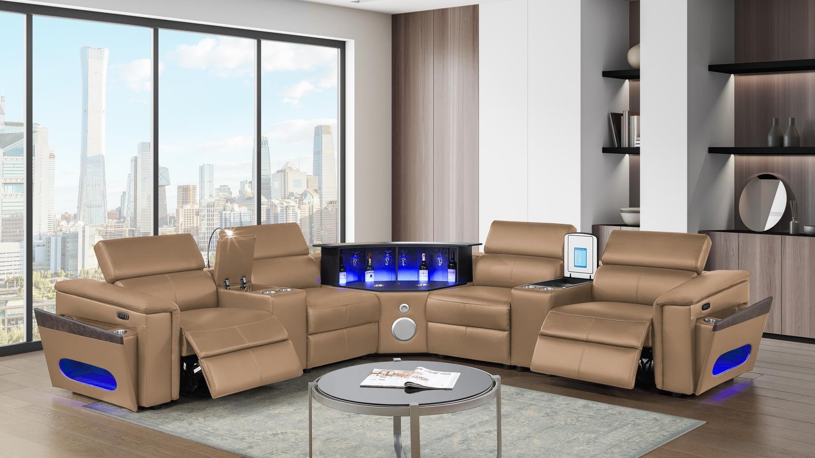 NOVA SECTIONAL WITH 1 CONSOLE (FRIDGE) – CARAMEL