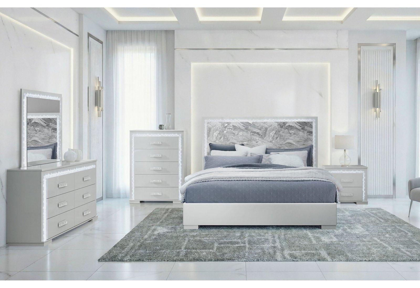 NAOMI SILVER MARBLE QUEEN BED GROUP