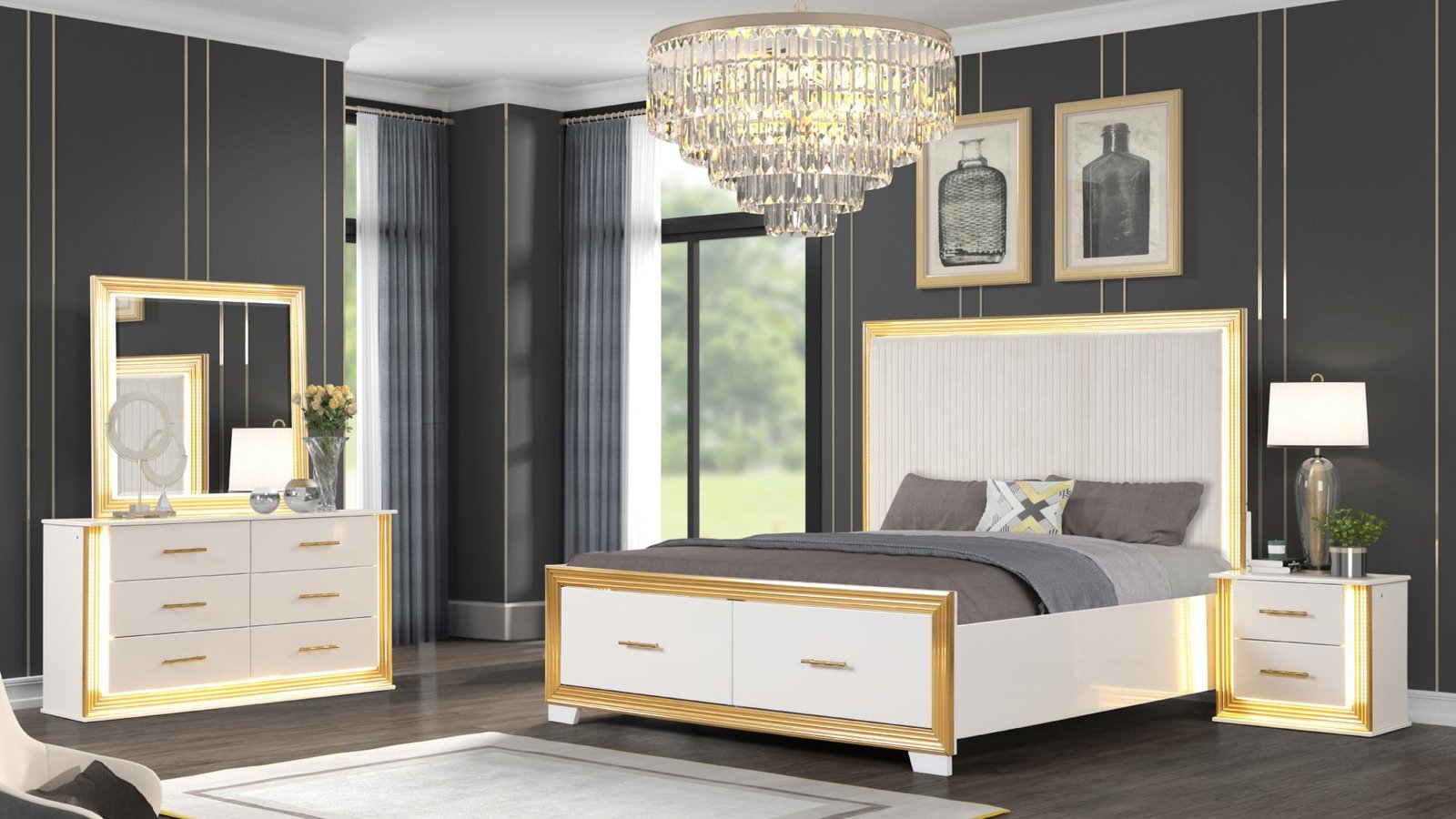 OBSESSION KING 4 PC BEDROOM SET IN WHITE & GOLD