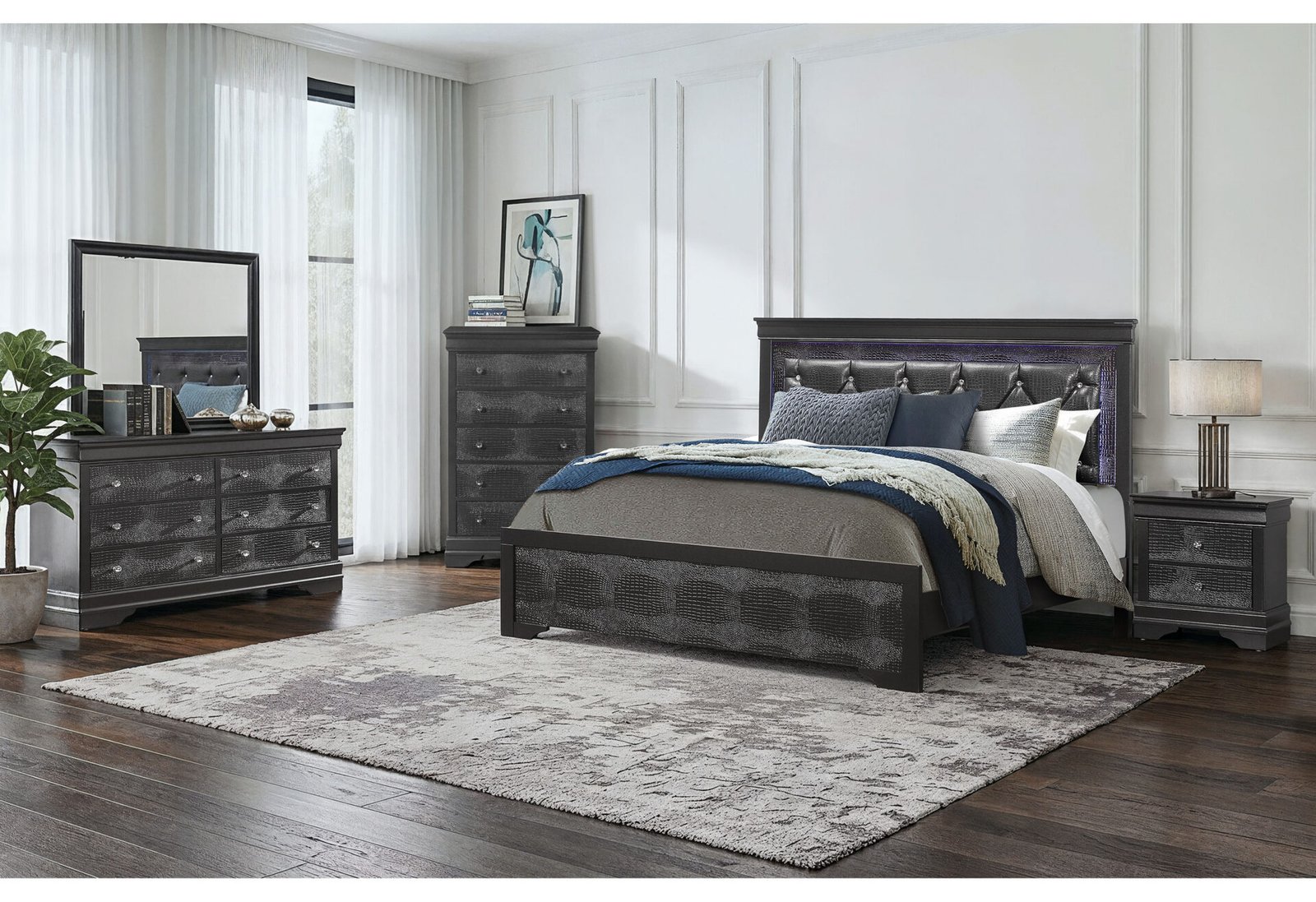 POMPEI METALLIC GREY KING BED GROUP WITH LED