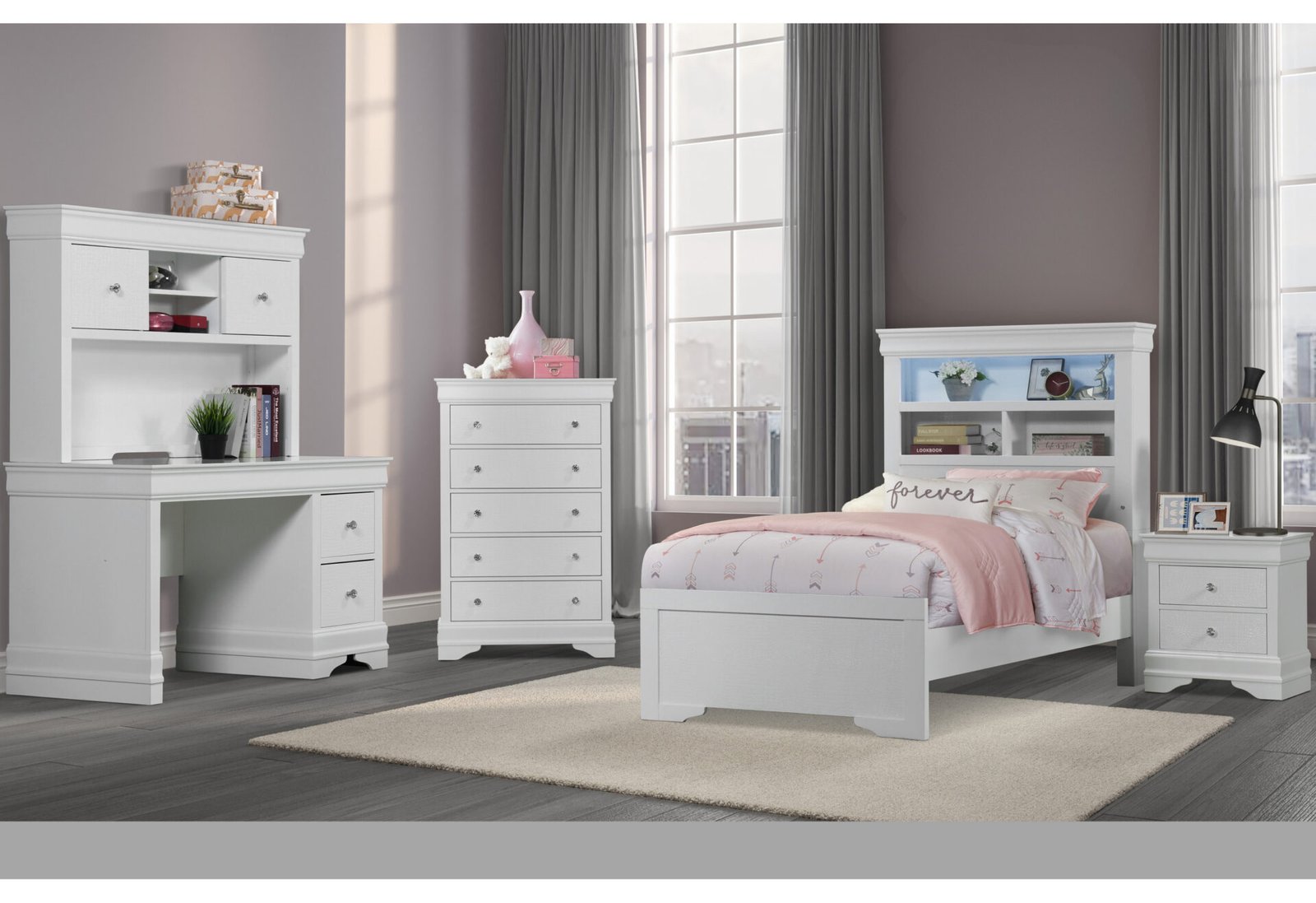 POMPEI METALLIC WHITE BOOKCASE TWIN BED, DRESSER, MIRROR & NS