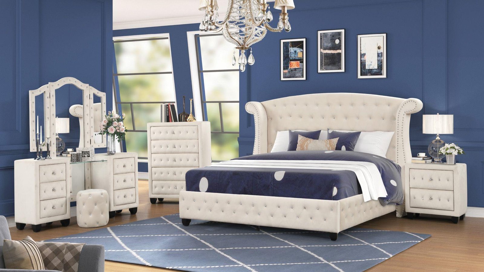 SOPHIA QUEEN 5 PC VANITY BEDROOM SET IN CREAM