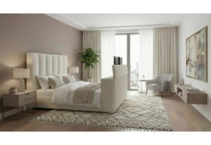 SERENITY CREMA QUEEN BED WITH SPEAKER, TV LIFT AND FIREPLACE