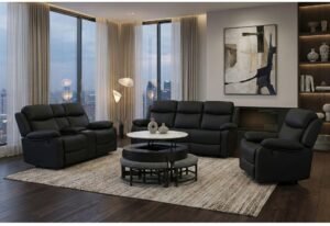 T42 BLACK COFFEE TABLE WITH 3 STOOLS