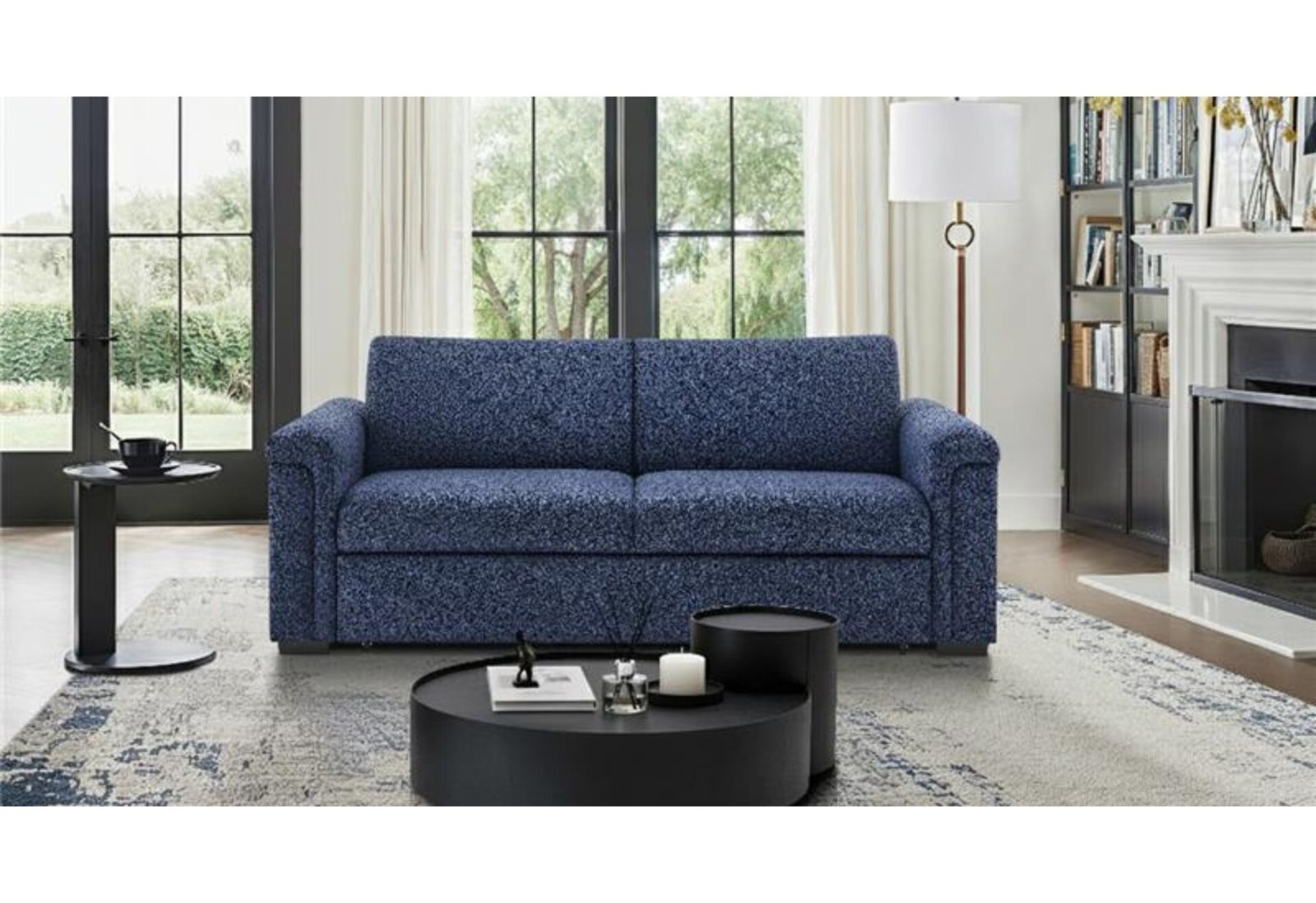 U0211 NAVY PULL OUT SOFA BED WITH LED ACRYLIC SHELVES AND SPEAKERS