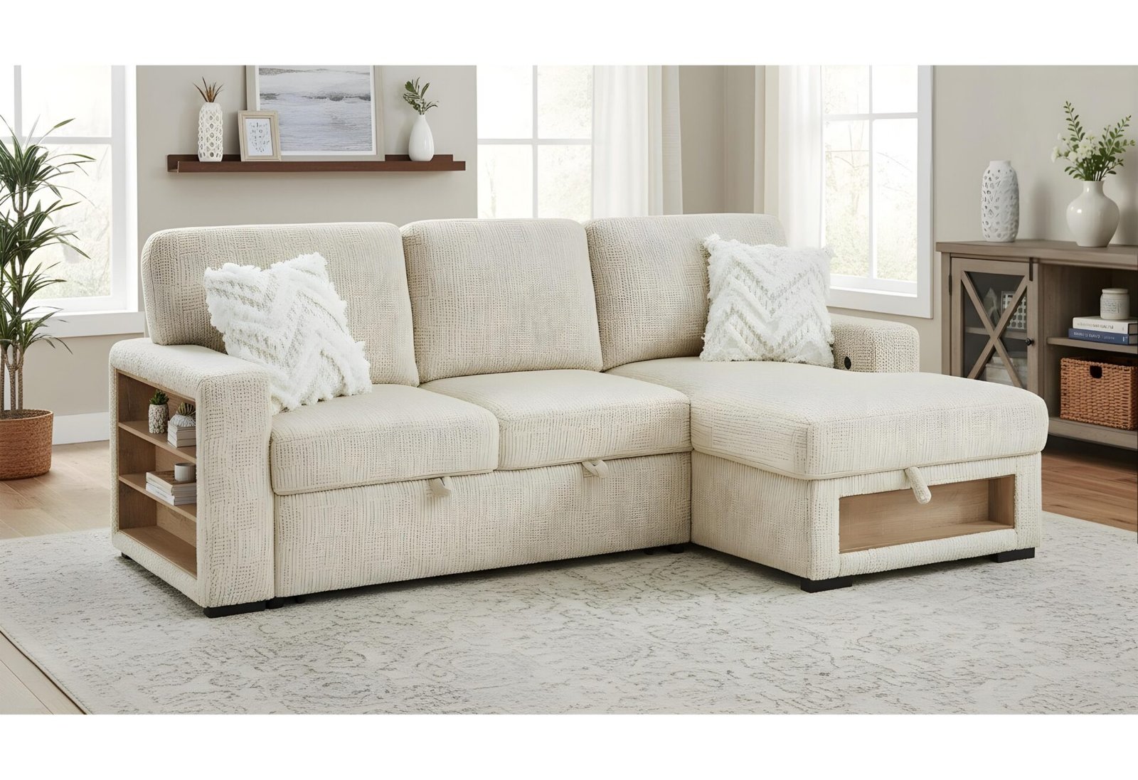 U0222 IVORY PULL OUT SOFA BED WITH SPEAKER AND 2 PILLOWS