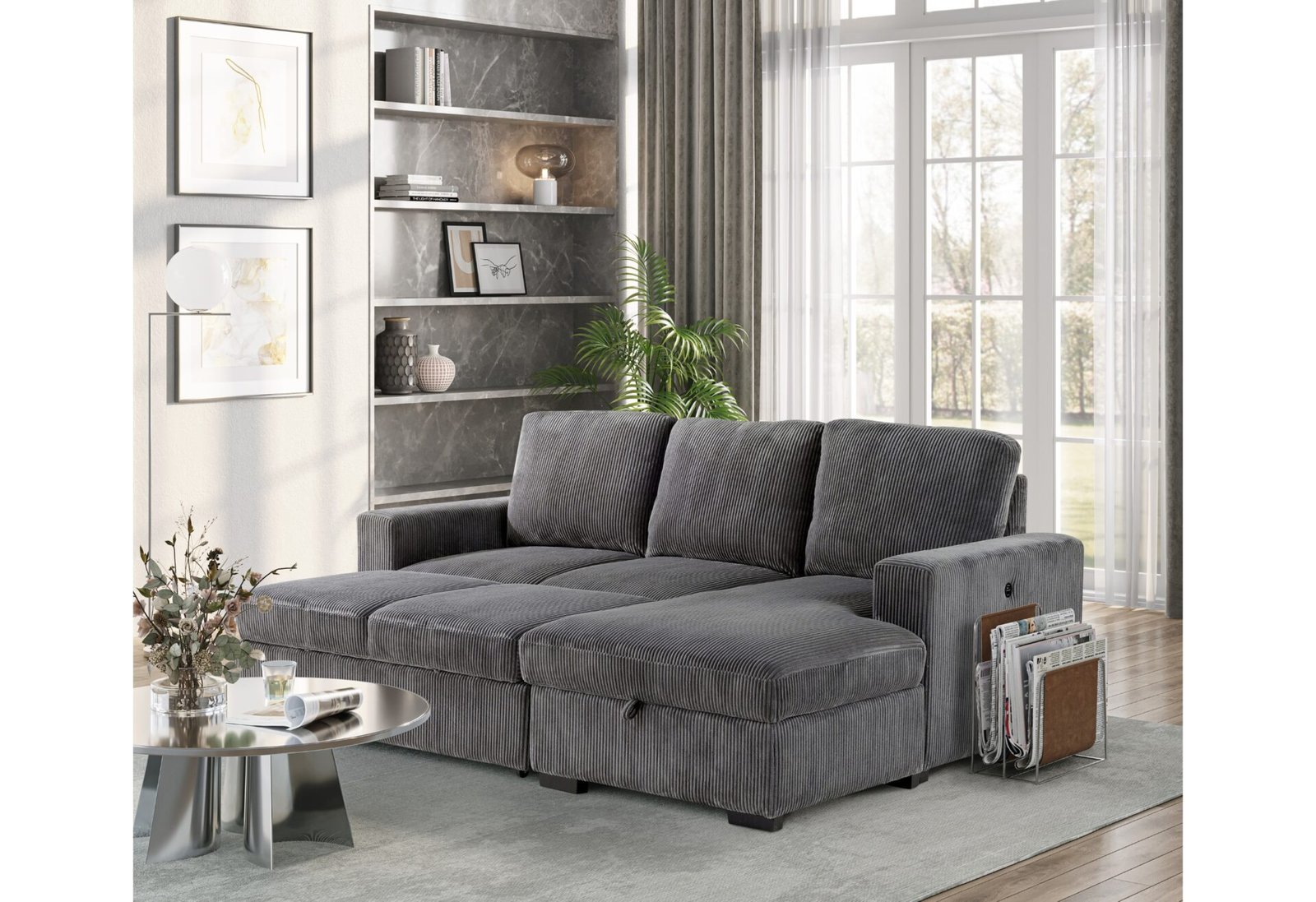 U2660 GREY L SOFA BED SECTIONAL WITH PULLOUT