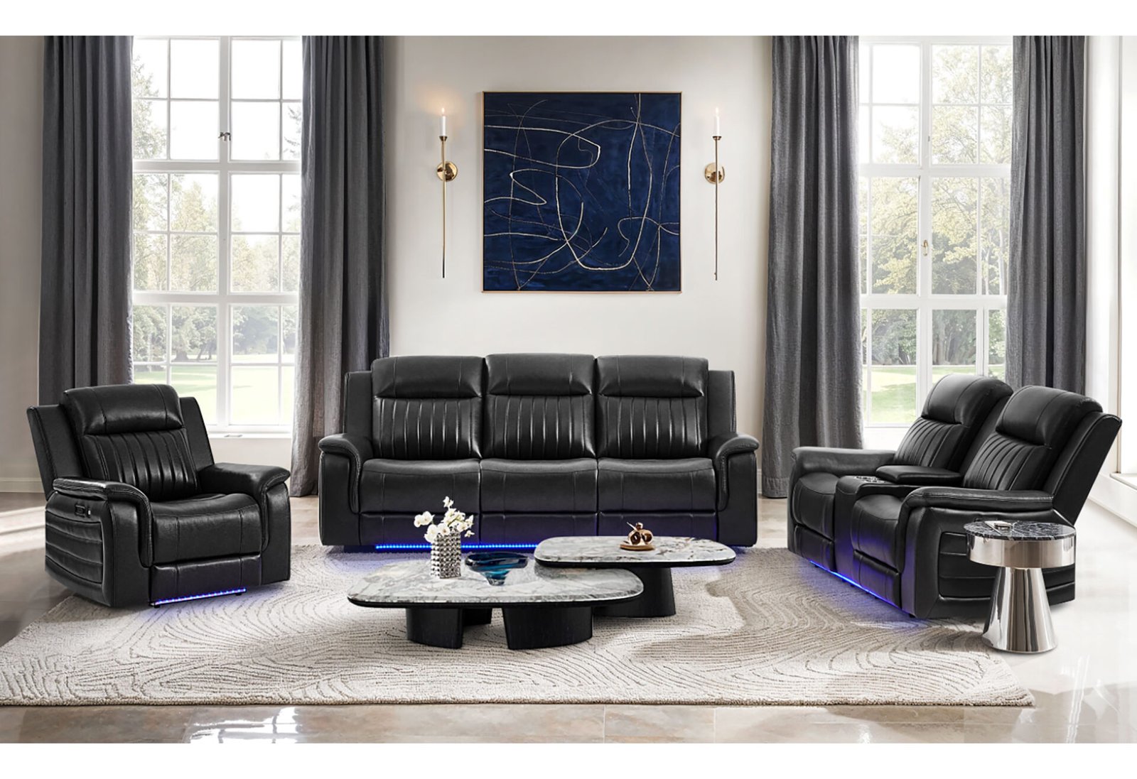 U8879 CHARCOAL PWR REC SOFA/PWR CON REC LOVESEAT W/LED & GL SS