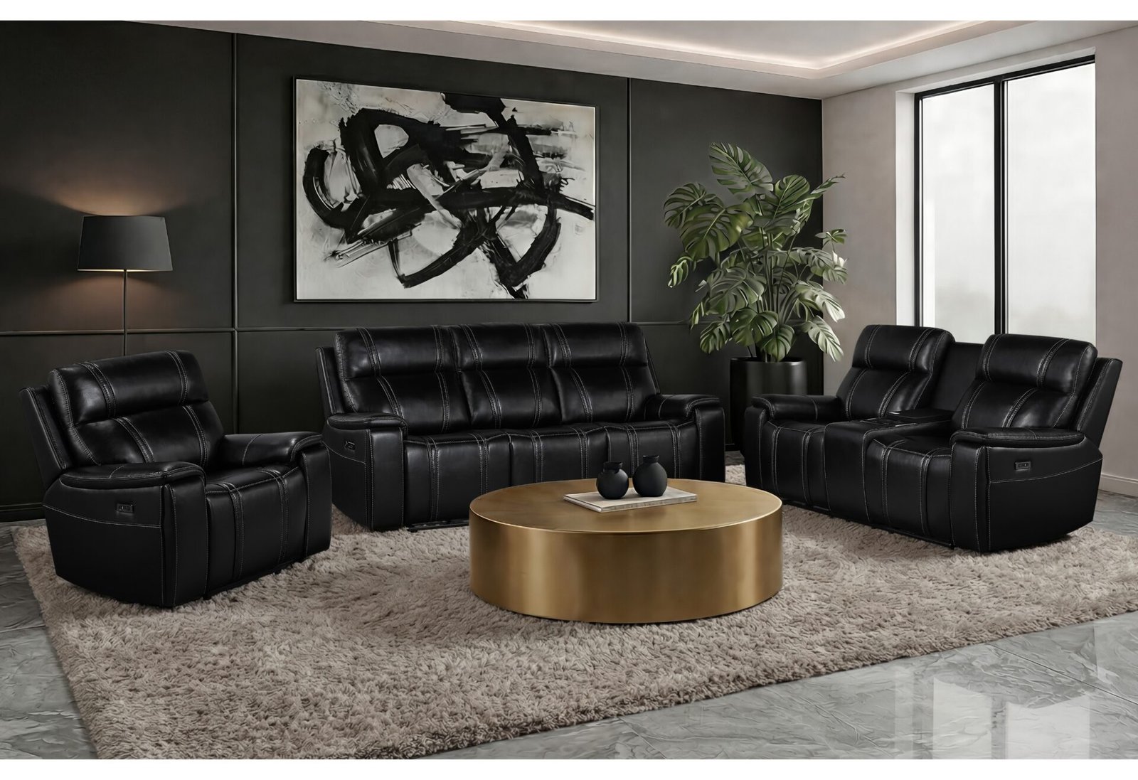 U8880 BLACK LEATHER PWR REC SOFA/PWR CONSOLE REC LOVESEAT/PWR RECLINER
