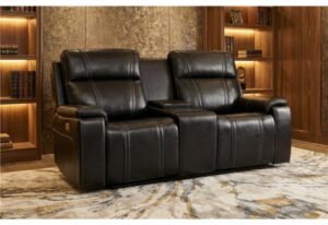U8880 BLACK LEATHER POWER CONSOLE RECLINING LOVESEAT WITH COOLER