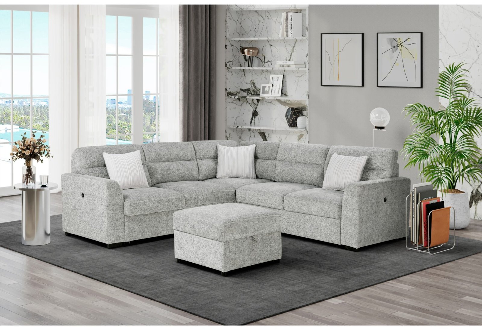 U9401 NICKEL SOFA BED SECTIONAL WITH 3 PILLOWS AND OTTOMAN - Image 2