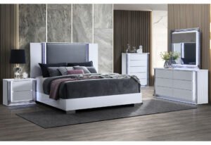 YLIME SMOOTH WHITE QUEEN BED GROUP FULLY SLATTED W/ VANITY SET