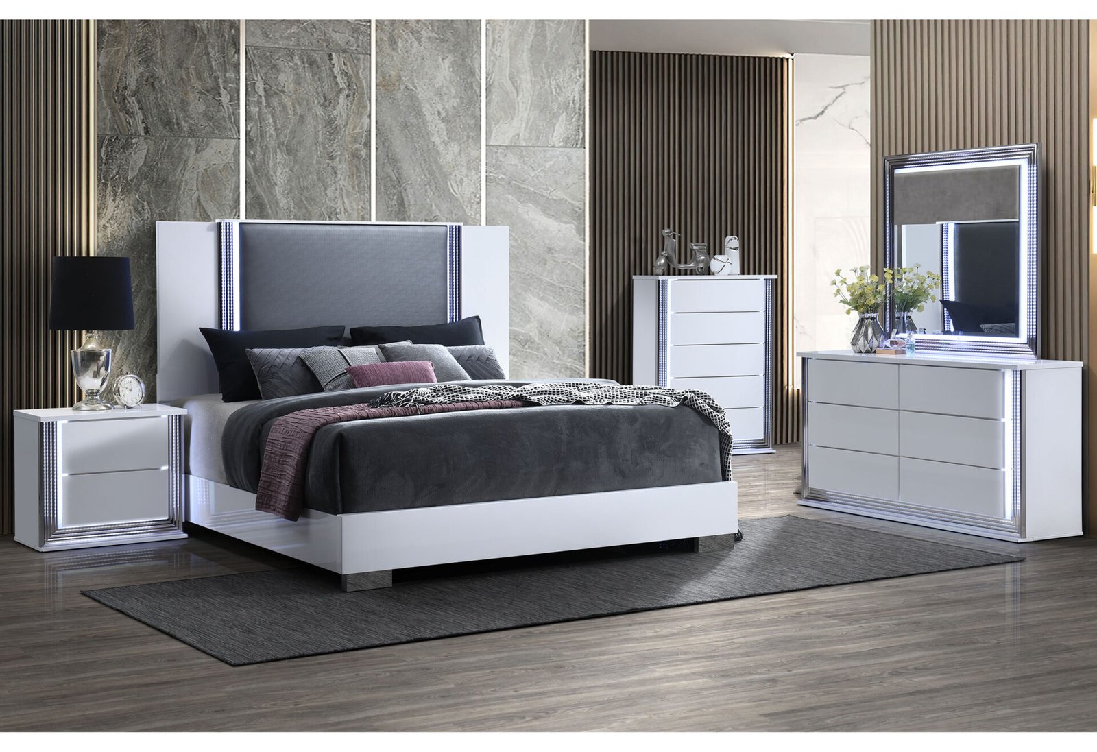 YLIME SMOOTH WHITE QUEEN BED GROUP FULLY SLATTED W/ VANITY SET