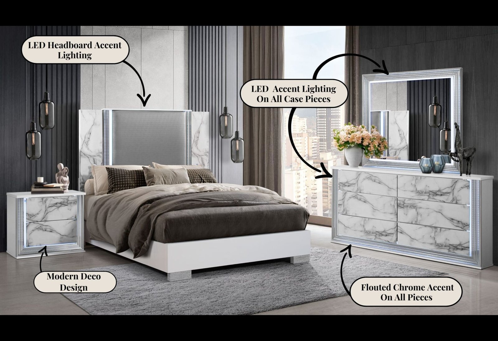 YLIME WHITE MARBLE QUEEN BED GROUP FULLY SLATTED - Image 4