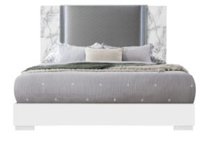 YLIME WHITE MARBLE KING BED FULLY SLATTED WITH LED