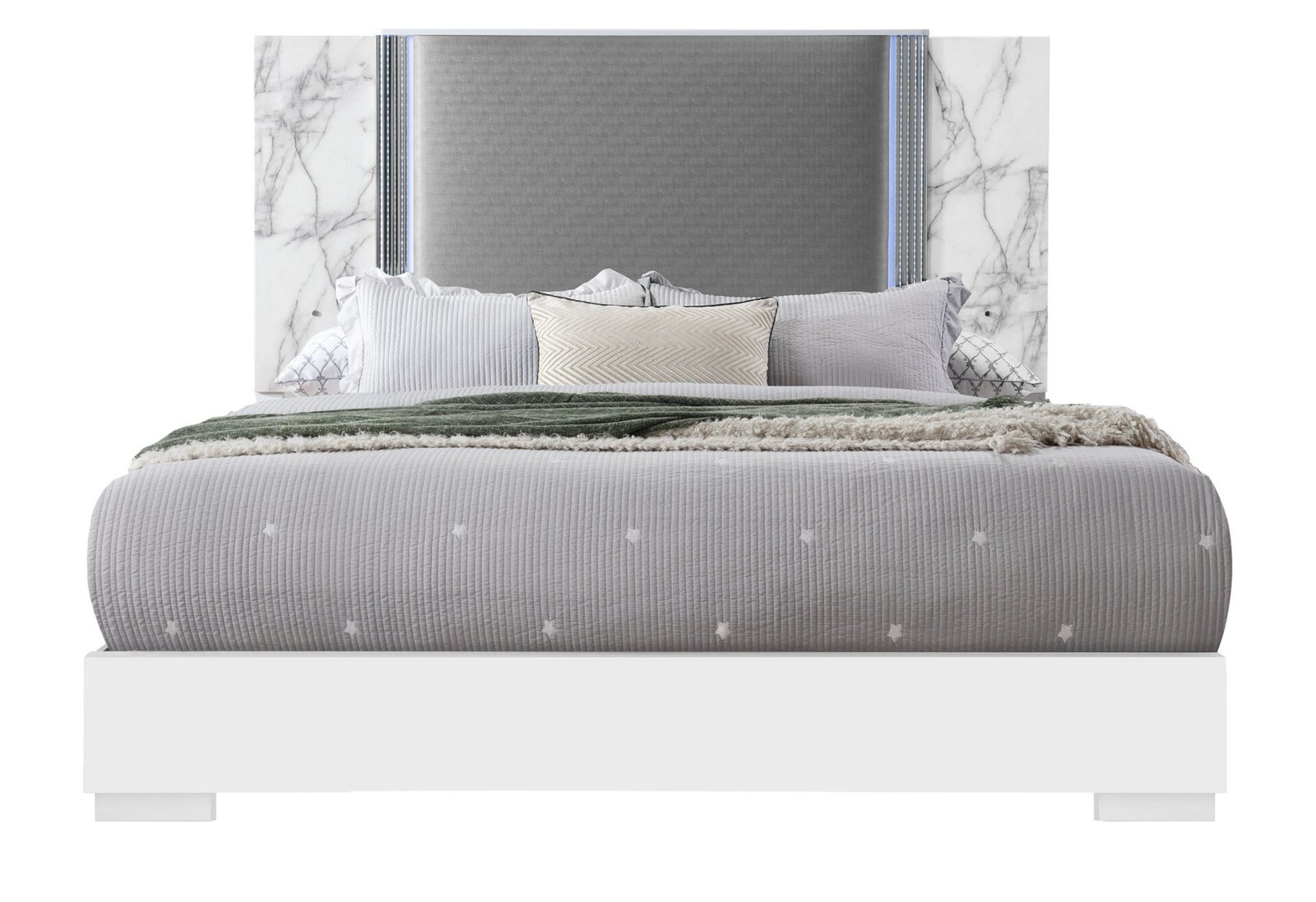 YLIME WHITE MARBLE KING BED FULLY SLATTED WITH LED